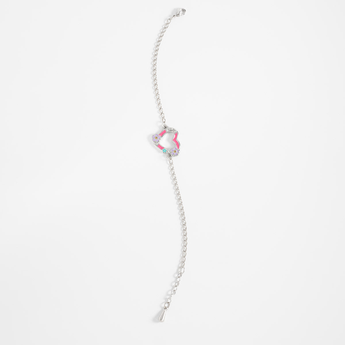 Pulsera en baño de rodio dije corazón flores esmalte pastel