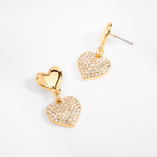 Aretes corazón en baño de oro piedras tono cristal colgantes