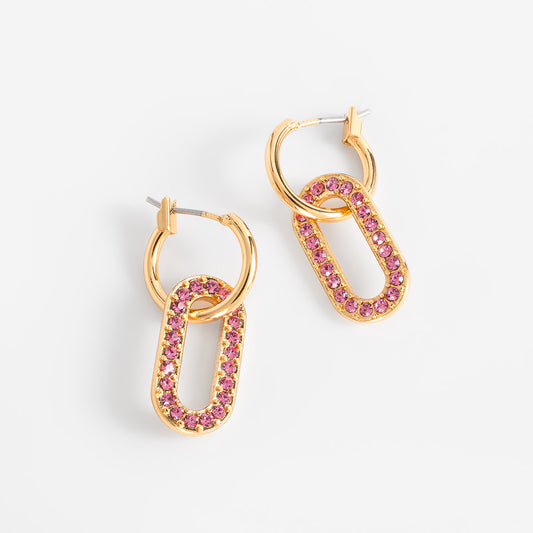 Aretes en baño de oro diseño eslabón piedras rosa brillante