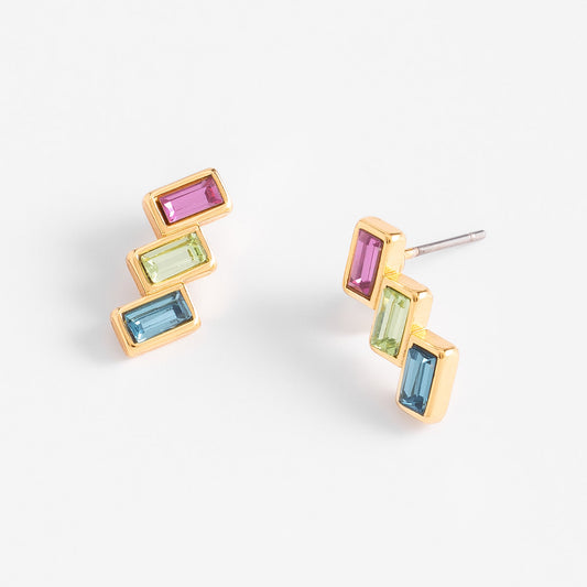 Aretes en baño de oro piedras fucsia verde azul diseño moderno