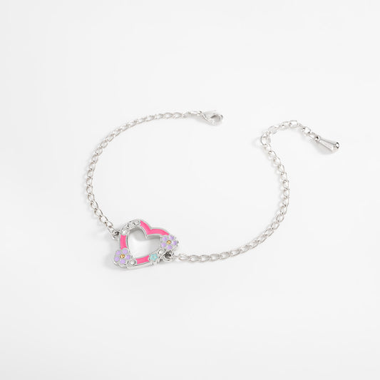Pulsera en baño de rodio dije corazón flores esmalte pastel