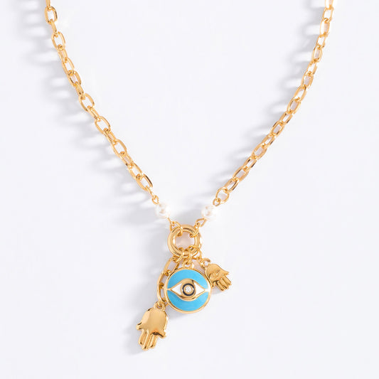 Collar con dije ojo azul y dijes mano